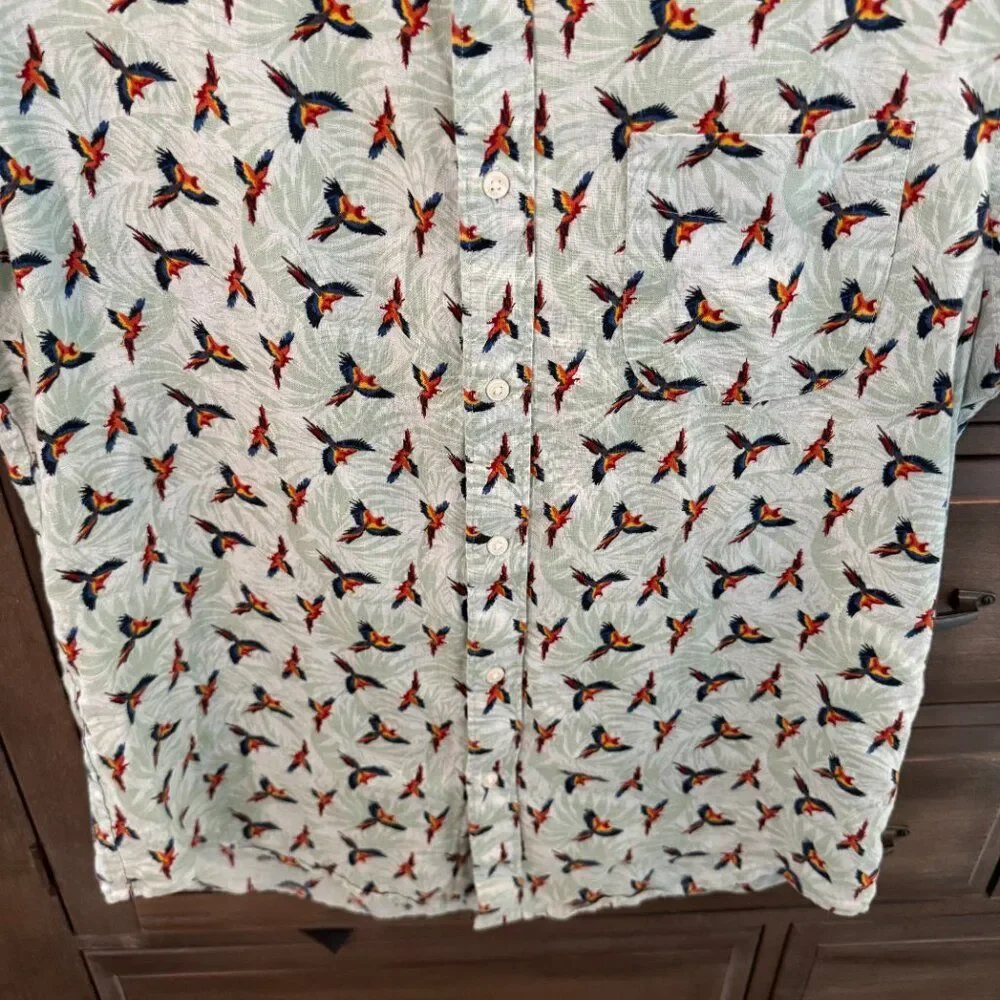 J.Crew 100% Linen Parrot Print Short Sleeve Button Down Shirt Men’s M Tropical